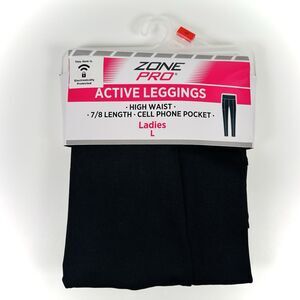 Zone Pro Ladies High Waist Active Leggings Size L Black 7/8 With Phone Pocket
